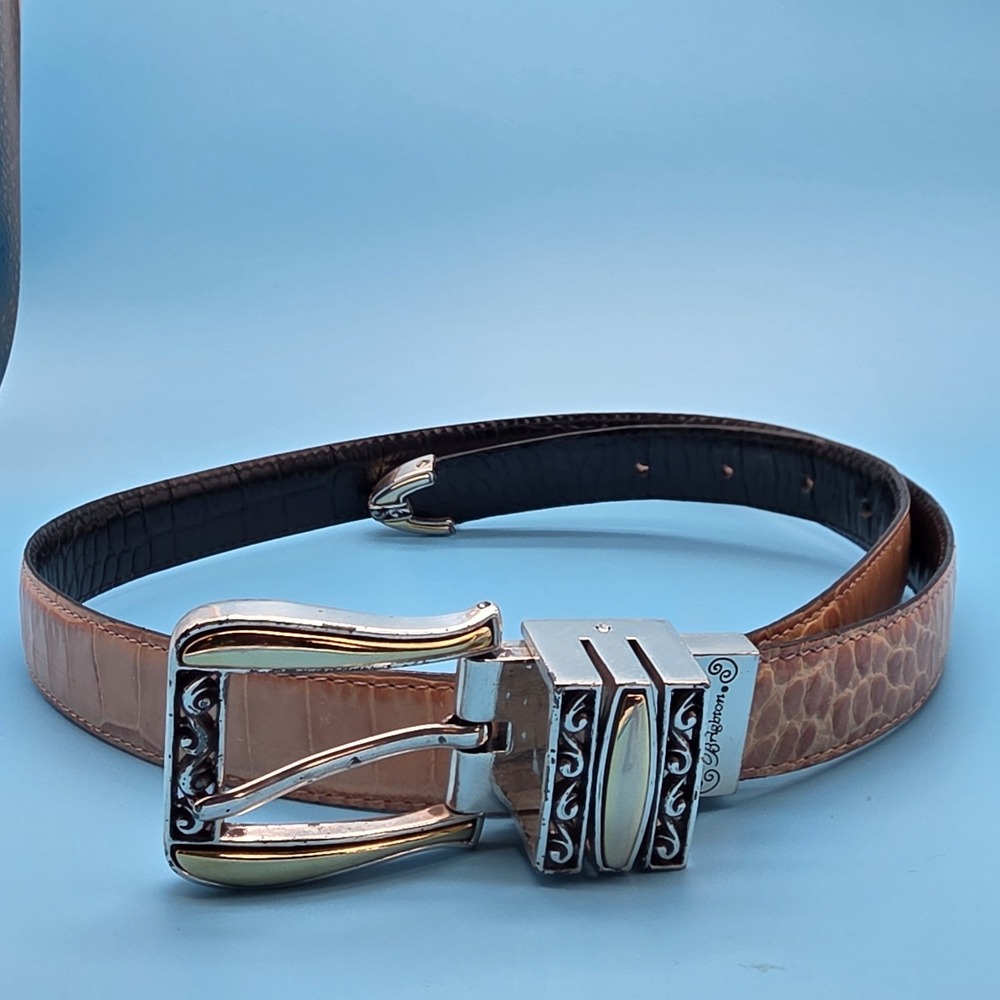 Brighton Leather Croc Two Tone Reversible Belt Beige Black 21-34" And 3/4 " Wide
